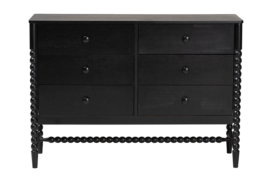 Baxton Studio Brantley Spindle Dresser - 6-Drawer Horizontal Storage Cabinet with Beaded Frame and Elevated Base for Bedroom, Black