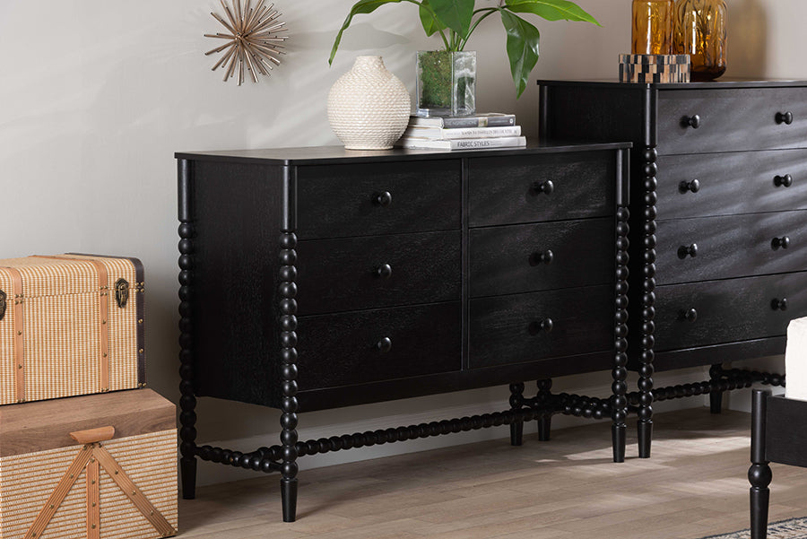Baxton Studio Brantley Spindle Dresser - 6-Drawer Horizontal Storage Cabinet with Beaded Frame and Elevated Base for Bedroom, Black