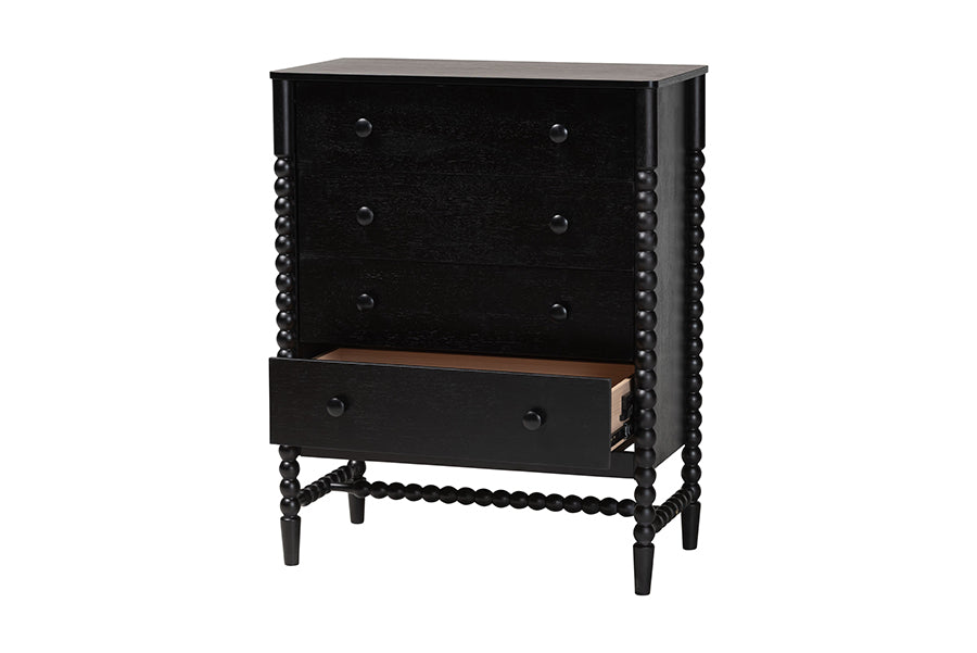 Baxton Studio Brantley Spindle Chest - 4-Drawer Vertical Storage Cabinet with Beaded Frame and Elevated Base for Bedroom, Black