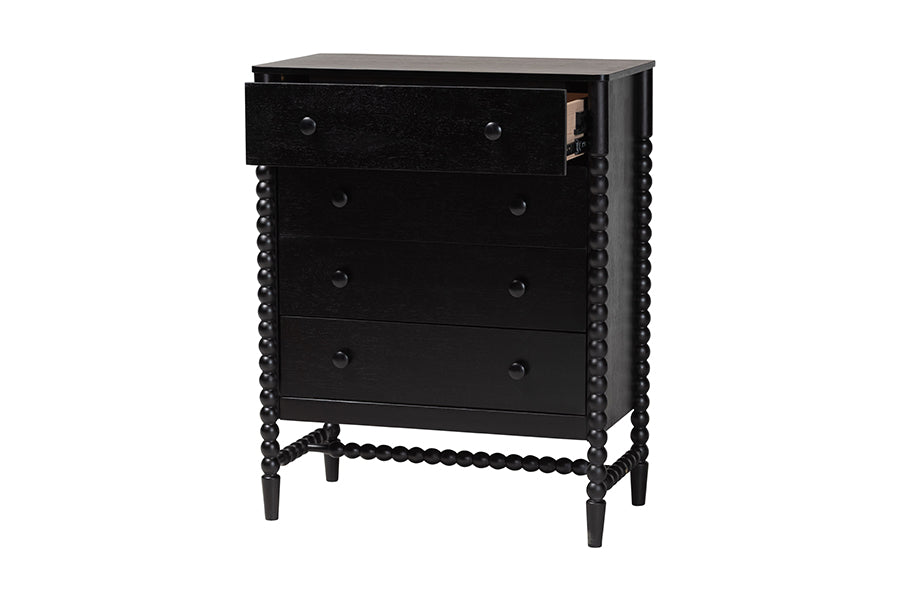 Baxton Studio Brantley Spindle Chest - 4-Drawer Vertical Storage Cabinet with Beaded Frame and Elevated Base for Bedroom, Black
