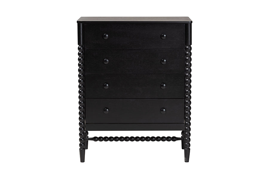 Baxton Studio Brantley Spindle Chest - 4-Drawer Vertical Storage Cabinet with Beaded Frame and Elevated Base for Bedroom, Black