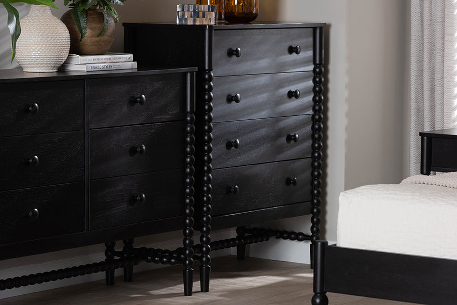 Baxton Studio Brantley Spindle Chest - 4-Drawer Vertical Storage Cabinet with Beaded Frame and Elevated Base for Bedroom, Black