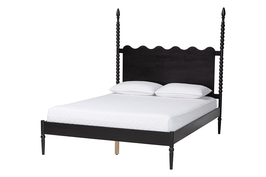 Baxton Studio Brantley Spindle Platform Bed - Farmhouse Bed Frame with Scalloped Headboard and Turned Posts, Black, King
