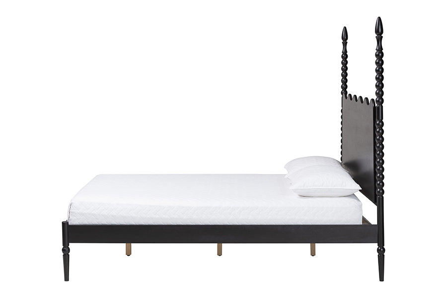 Baxton Studio Brantley Spindle Platform Bed - Farmhouse Bed Frame with Scalloped Headboard and Turned Posts, Black, Queen