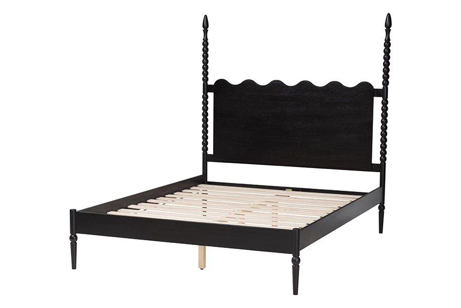 Baxton Studio Brantley Spindle Platform Bed - Farmhouse Bed Frame with Scalloped Headboard and Turned Posts, Black, Queen