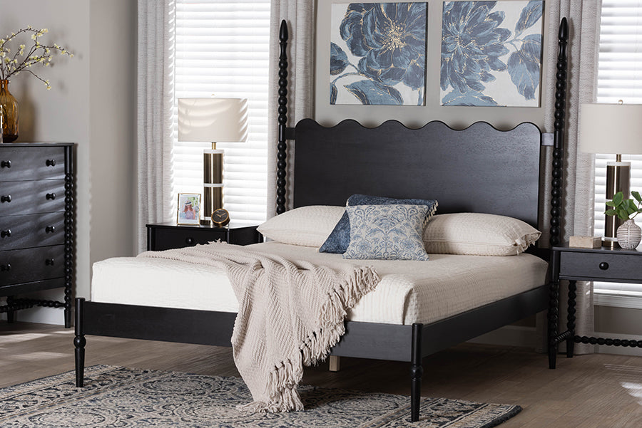 Baxton Studio Brantley Spindle Platform Bed - Farmhouse Bed Frame with Scalloped Headboard and Turned Posts, Black, Queen