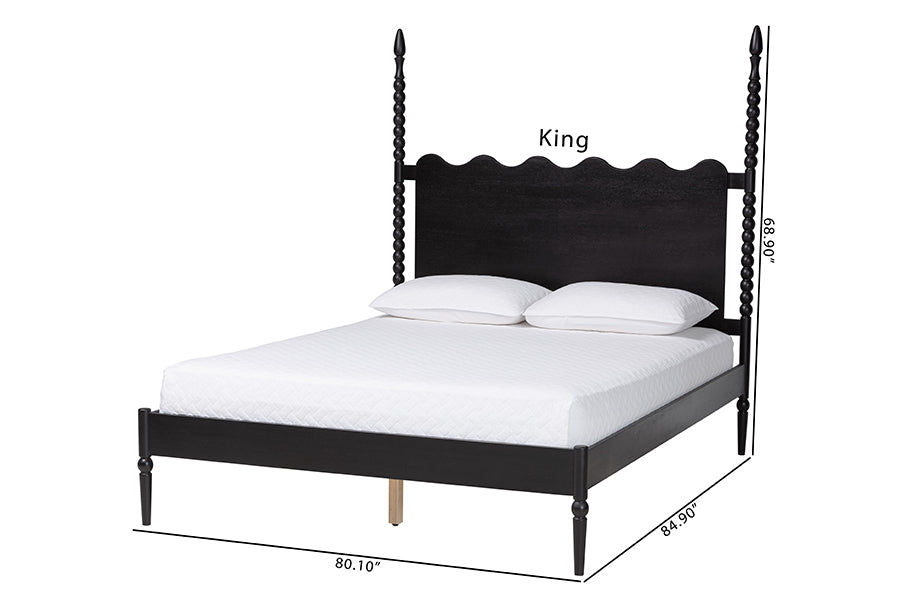 Baxton Studio Brantley Spindle Platform Bed - Farmhouse Bed Frame with Scalloped Headboard and Turned Posts, Black, Queen