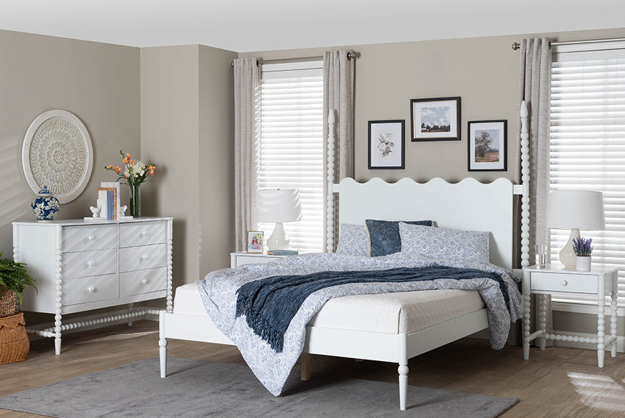 Baxton Studio Brantley Spindle 4-Piece Bedroom Set - Farmhouse Bed Frame with Matching Dresser and 1-Drawer Nightstands, White, King