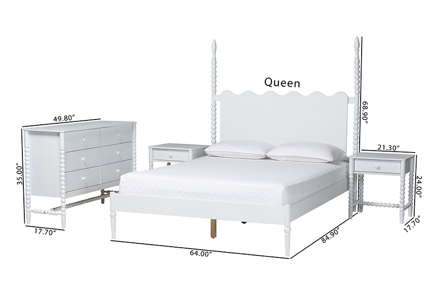 Baxton Studio Brantley Spindle 4-Piece Bedroom Set - Farmhouse Bed Frame with Matching Dresser and 1-Drawer Nightstands, White, King
