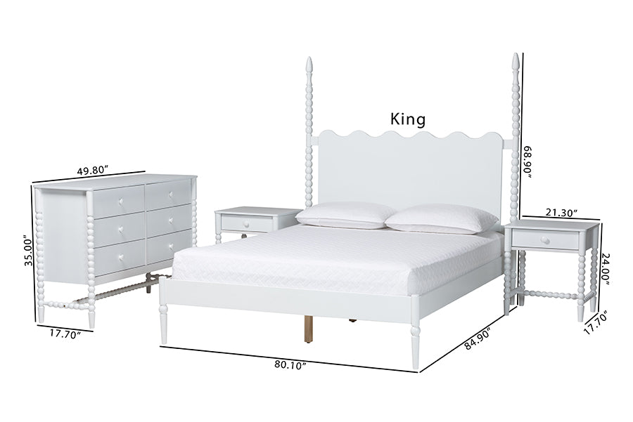 Baxton Studio Brantley Spindle 4-Piece Bedroom Set - Farmhouse Bed Frame with Matching Dresser and 1-Drawer Nightstands, White, King