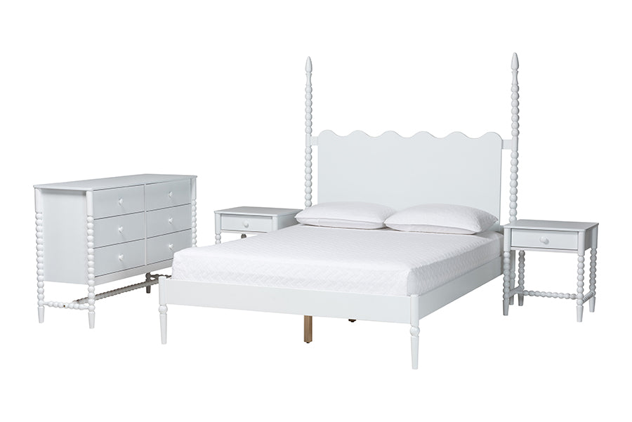 Baxton Studio Brantley Spindle 4-Piece Bedroom Set - Farmhouse Bed Frame with Matching Dresser and 1-Drawer Nightstands, White, Queen