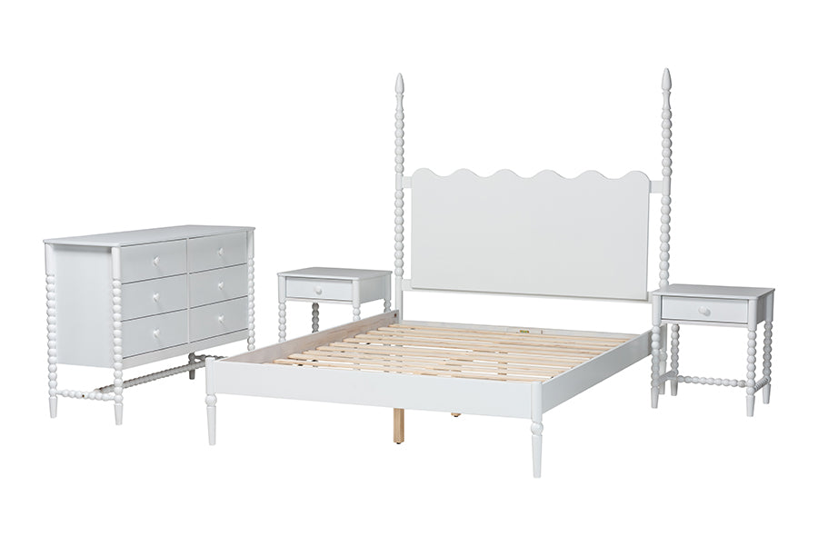 Baxton Studio Brantley Spindle 4-Piece Bedroom Set - Farmhouse Bed Frame with Matching Dresser and 1-Drawer Nightstands, White, Queen