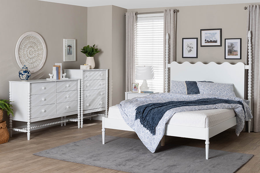 Baxton Studio Brantley Spindle 4-Piece Bedroom Set - Farmhouse Bed Frame with Matching Dresser, Chest, and 1-Drawer Nightstand, White, Queen