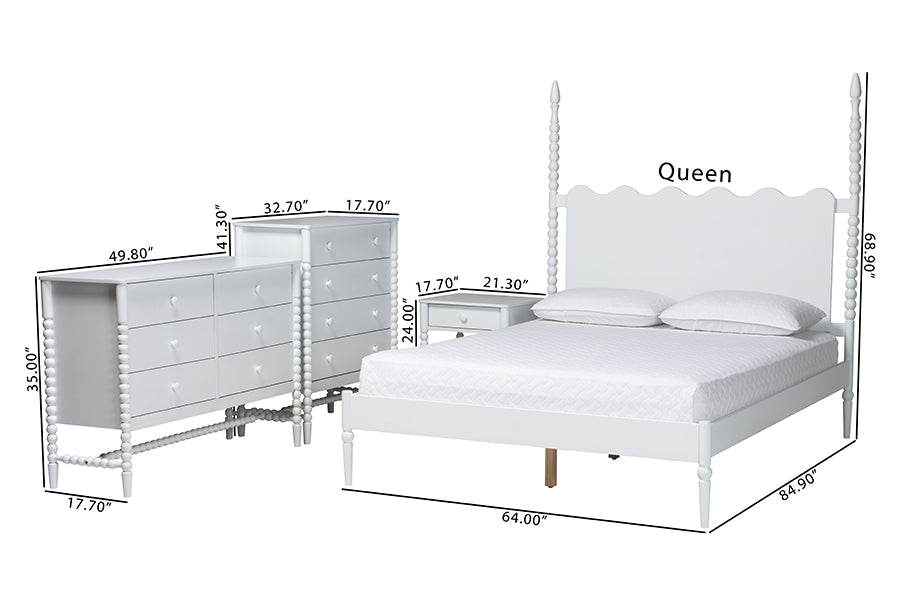 Baxton Studio Brantley Spindle 4-Piece Bedroom Set - Farmhouse Bed Frame with Matching Dresser, Chest, and 1-Drawer Nightstand, White, King