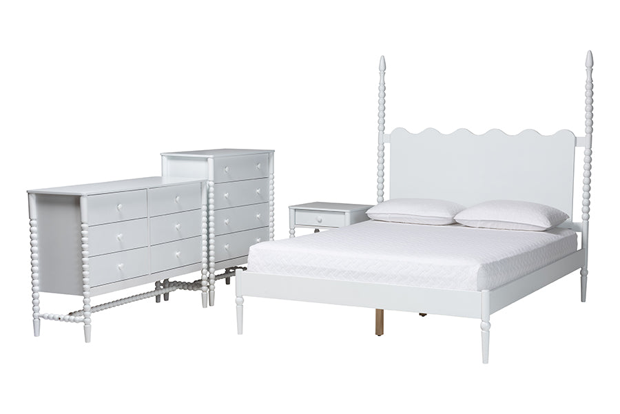 Baxton Studio Brantley Spindle 4-Piece Bedroom Set - Farmhouse Bed Frame with Matching Dresser, Chest, and 1-Drawer Nightstand, White, King