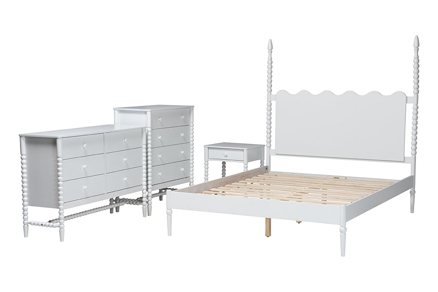 Baxton Studio Brantley Spindle 4-Piece Bedroom Set - Farmhouse Bed Frame with Matching Dresser, Chest, and 1-Drawer Nightstand, White, Queen