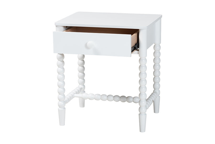 Baxton Studio Brantley Spindle Nightstand - 1-Drawer Bedside Table with Beaded Frame and Open Base for Bedroom, White