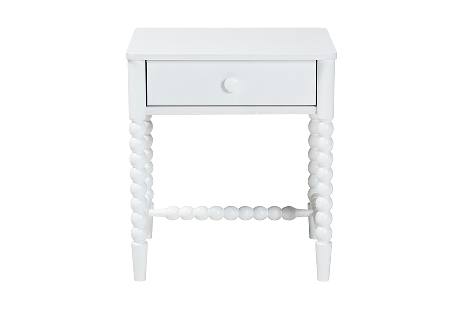 Baxton Studio Brantley Spindle Nightstand - 1-Drawer Bedside Table with Beaded Frame and Open Base for Bedroom, White