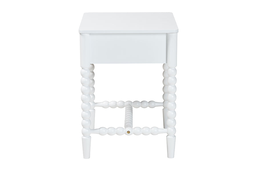 Baxton Studio Brantley Spindle Nightstand - 1-Drawer Bedside Table with Beaded Frame and Open Base for Bedroom, White