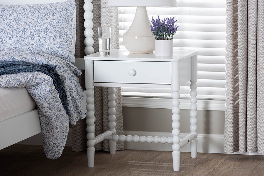 Baxton Studio Brantley Spindle Nightstand - 1-Drawer Bedside Table with Beaded Frame and Open Base for Bedroom, White
