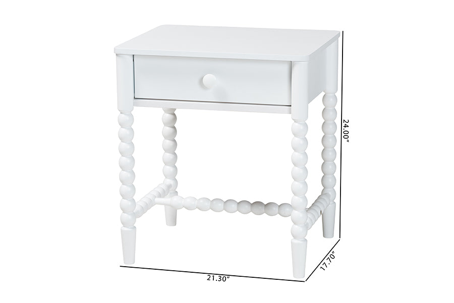 Baxton Studio Brantley Spindle Nightstand - 1-Drawer Bedside Table with Beaded Frame and Open Base for Bedroom, White