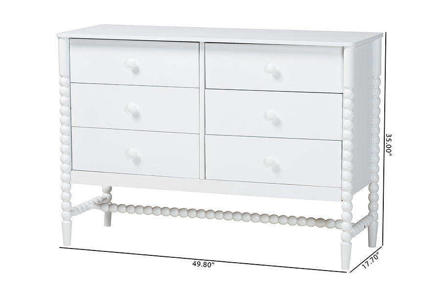 Baxton Studio Brantley Spindle Dresser - 6-Drawer Horizontal Storage Cabinet with Beaded Frame and Elevated Base for Bedroom, White