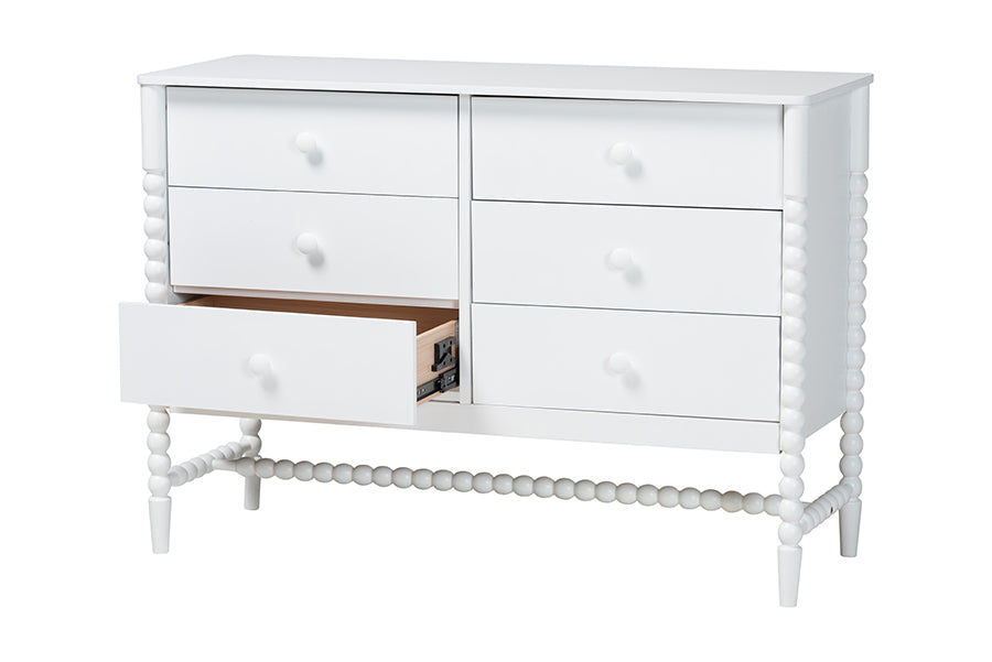 Baxton Studio Brantley Spindle Dresser - 6-Drawer Horizontal Storage Cabinet with Beaded Frame and Elevated Base for Bedroom, White