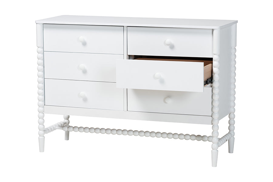 Baxton Studio Brantley Spindle Dresser - 6-Drawer Horizontal Storage Cabinet with Beaded Frame and Elevated Base for Bedroom, White
