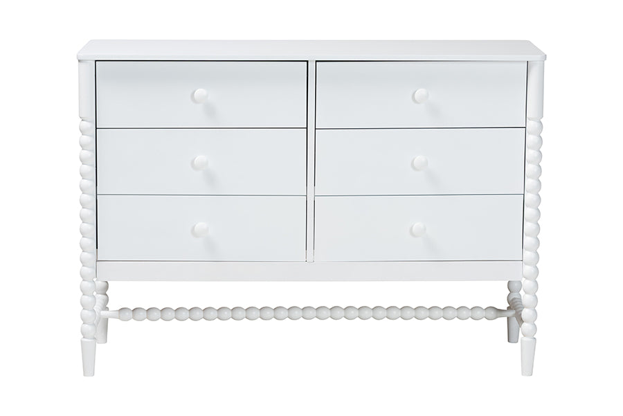Baxton Studio Brantley Spindle Dresser - 6-Drawer Horizontal Storage Cabinet with Beaded Frame and Elevated Base for Bedroom, White