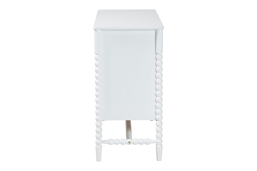 Baxton Studio Brantley Spindle Dresser - 6-Drawer Horizontal Storage Cabinet with Beaded Frame and Elevated Base for Bedroom, White