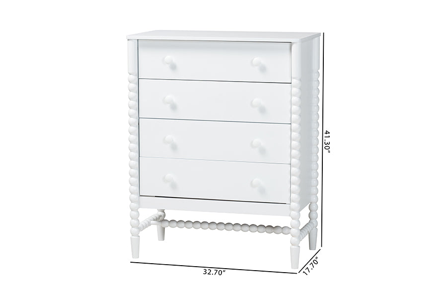 Baxton Studio Brantley Spindle Chest - 4-Drawer Vertical Storage Cabinet with Beaded Frame and Elevated Base for Bedroom, White