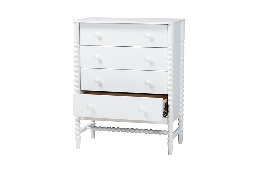 Baxton Studio Brantley Spindle Chest - 4-Drawer Vertical Storage Cabinet with Beaded Frame and Elevated Base for Bedroom, White