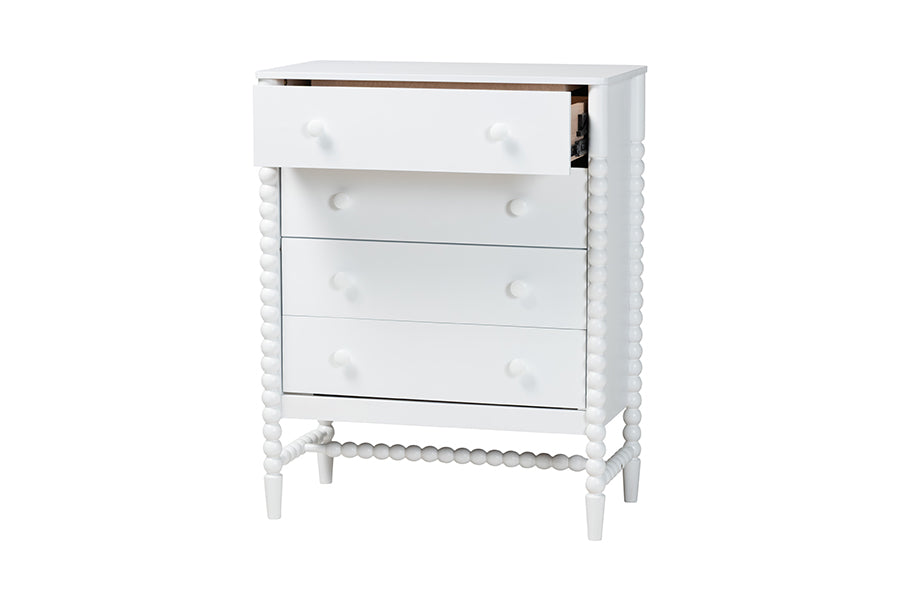 Baxton Studio Brantley Spindle Chest - 4-Drawer Vertical Storage Cabinet with Beaded Frame and Elevated Base for Bedroom, White