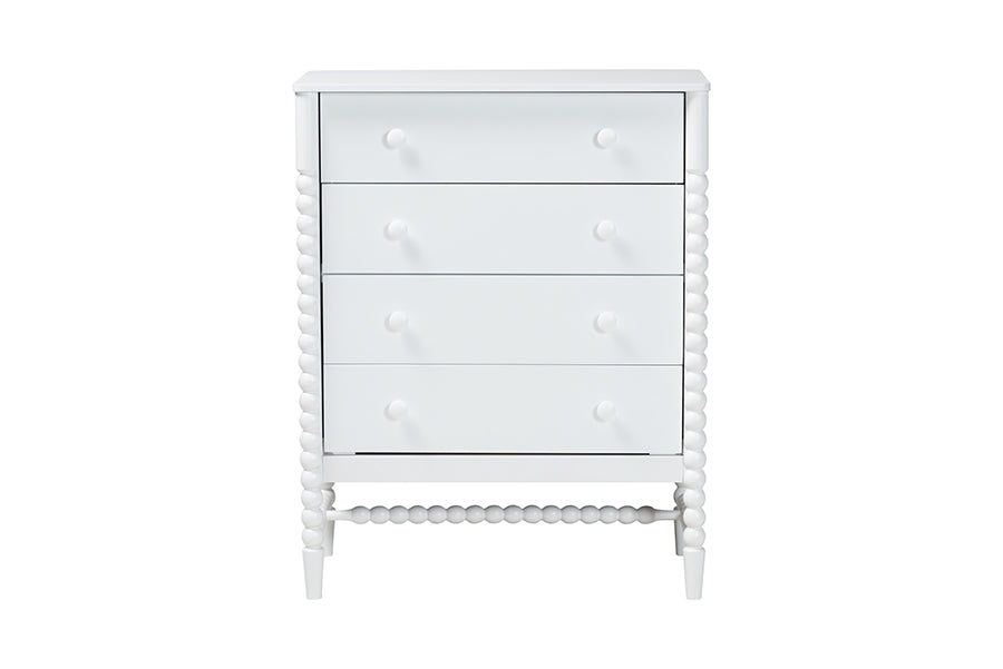 Baxton Studio Brantley Spindle Chest - 4-Drawer Vertical Storage Cabinet with Beaded Frame and Elevated Base for Bedroom, White