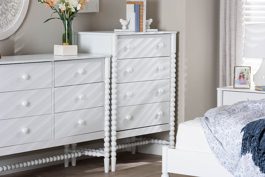 Baxton Studio Brantley Spindle Chest - 4-Drawer Vertical Storage Cabinet with Beaded Frame and Elevated Base for Bedroom, White