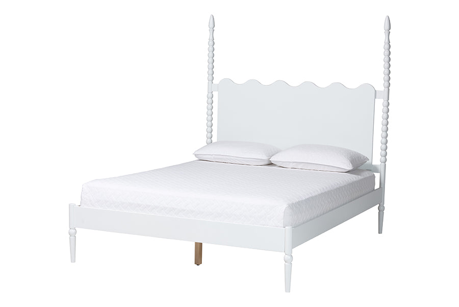 Baxton Studio Brantley Spindle Platform Bed - Farmhouse Bed Frame with Scalloped Headboard and Turned Posts, White, Queen