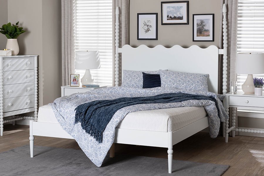 Baxton Studio Brantley Spindle Platform Bed - Farmhouse Bed Frame with Scalloped Headboard and Turned Posts, White, King