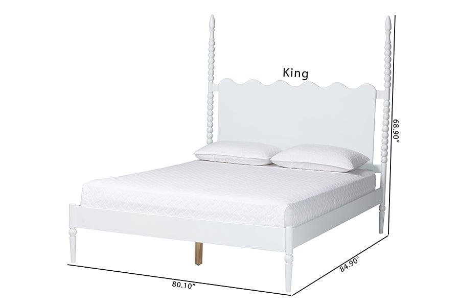 Baxton Studio Brantley Spindle Platform Bed - Farmhouse Bed Frame with Scalloped Headboard and Turned Posts, White, Queen