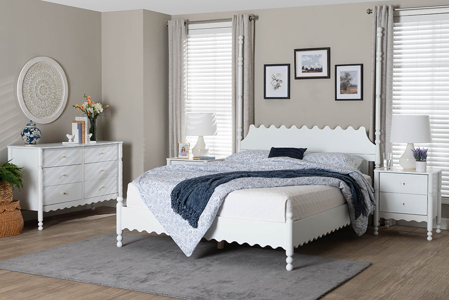 Baxton Studio Hoffman 4-Piece Scalloped Bedroom Set - Farmhouse Bed Frame with Matching Dresser and 2-Drawer Nightstands, White, King