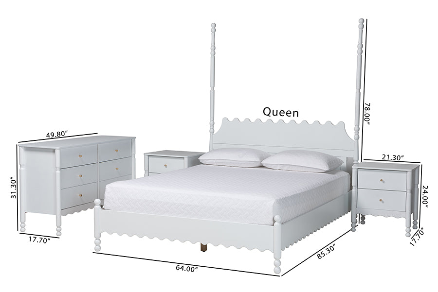 Baxton Studio Hoffman 4-Piece Scalloped Bedroom Set - Farmhouse Bed Frame with Matching Dresser and 2-Drawer Nightstands, White, Queen