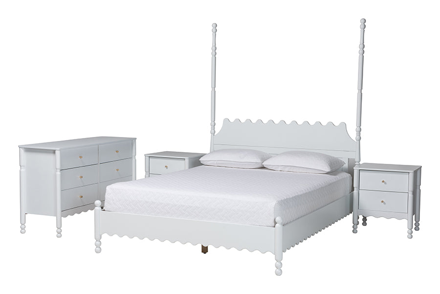 Baxton Studio Hoffman 4-Piece Scalloped Bedroom Set - Farmhouse Bed Frame with Matching Dresser and 2-Drawer Nightstands, White, King