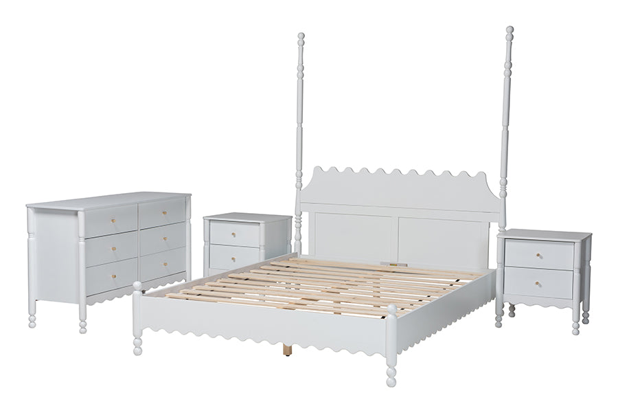 Baxton Studio Hoffman 4-Piece Scalloped Bedroom Set - Farmhouse Bed Frame with Matching Dresser and 2-Drawer Nightstands, White, Queen