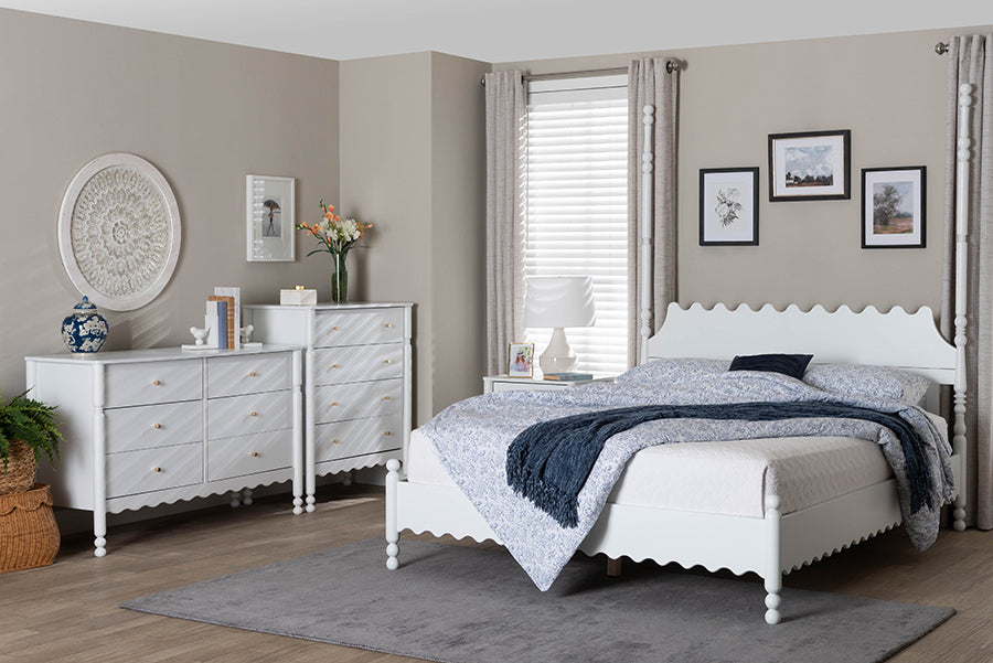 Baxton Studio Hoffman 4-Piece Scalloped Bedroom Set - Farmhouse Bed Frame with Matching Dresser, Chest, and 2-Drawer Nightstand, White, King