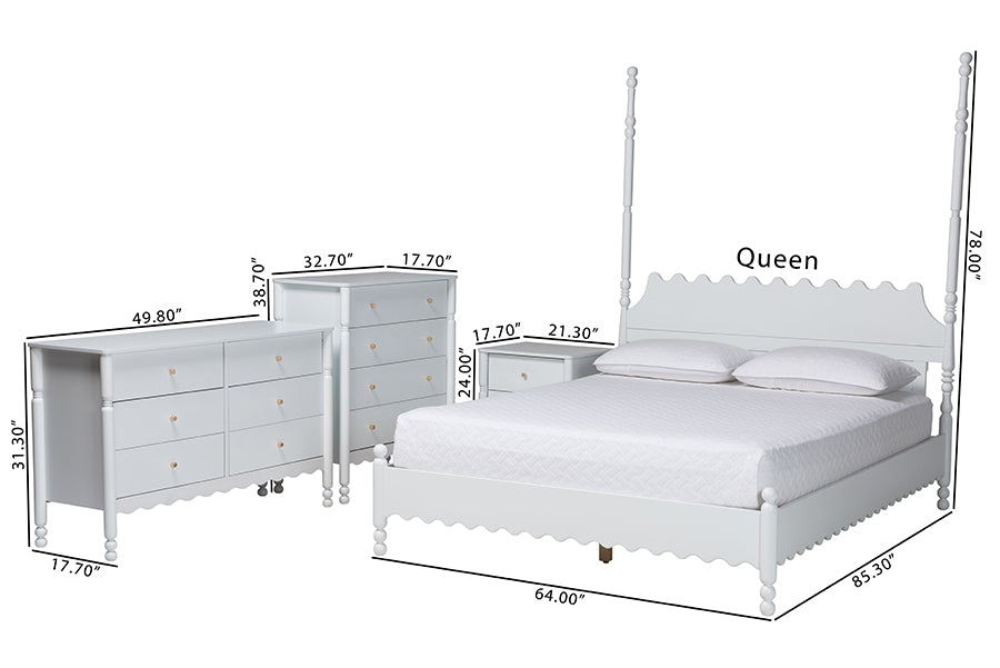 Baxton Studio Hoffman 4-Piece Scalloped Bedroom Set - Farmhouse Bed Frame with Matching Dresser, Chest, and 2-Drawer Nightstand, White, Queen