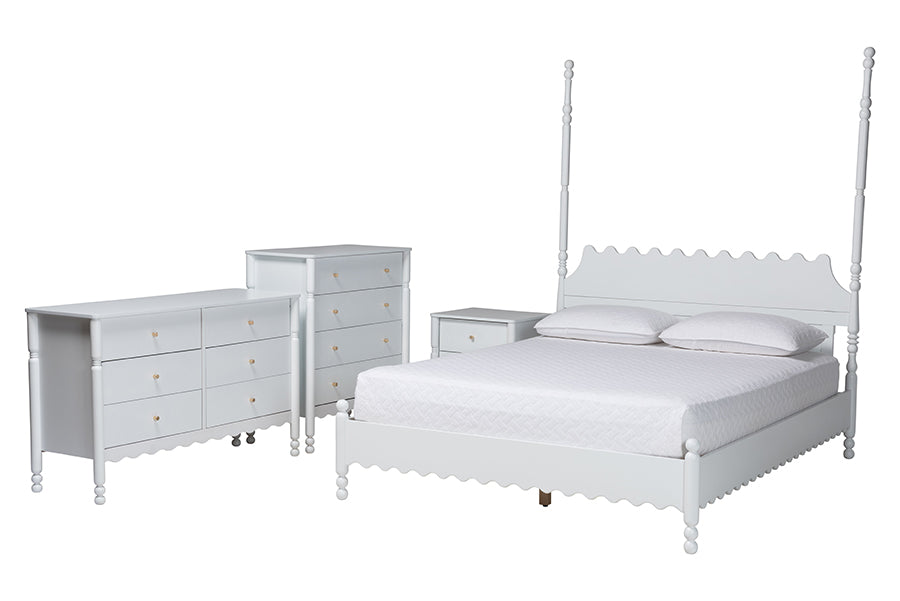 Baxton Studio Hoffman 4-Piece Scalloped Bedroom Set - Farmhouse Bed Frame with Matching Dresser, Chest, and 2-Drawer Nightstand, White, King