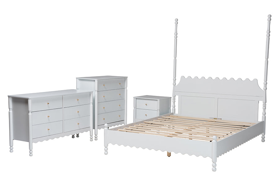 Baxton Studio Hoffman 4-Piece Scalloped Bedroom Set - Farmhouse Bed Frame with Matching Dresser, Chest, and 2-Drawer Nightstand, White, Queen