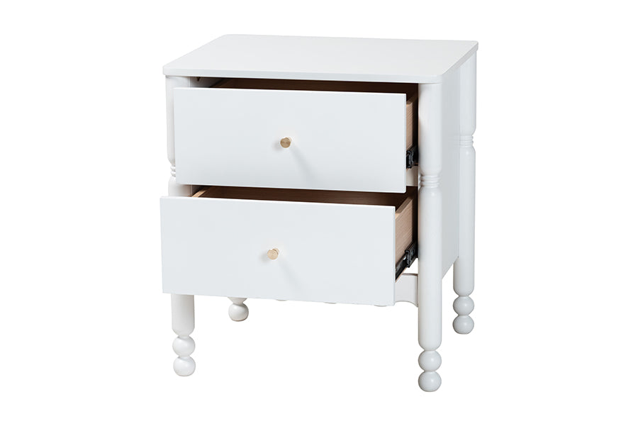 Baxton Studio Hoffman Nightstand - 2-Drawer Bedside Table with Scalloped Apron and Turned Legs for Bedroom, White