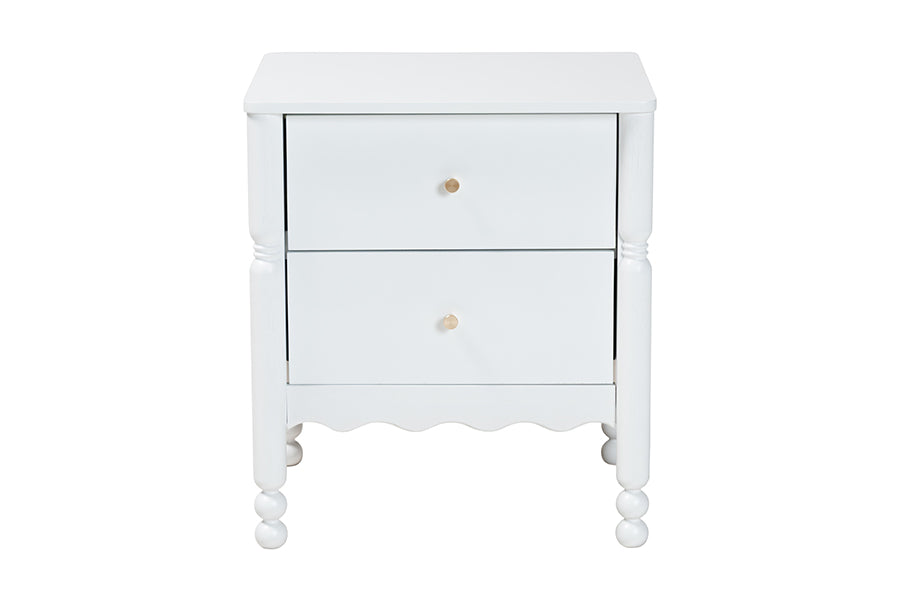 Baxton Studio Hoffman Nightstand - 2-Drawer Bedside Table with Scalloped Apron and Turned Legs for Bedroom, White