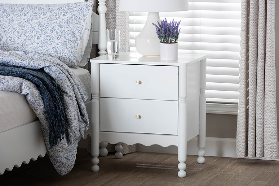 Baxton Studio Hoffman Nightstand - 2-Drawer Bedside Table with Scalloped Apron and Turned Legs for Bedroom, White