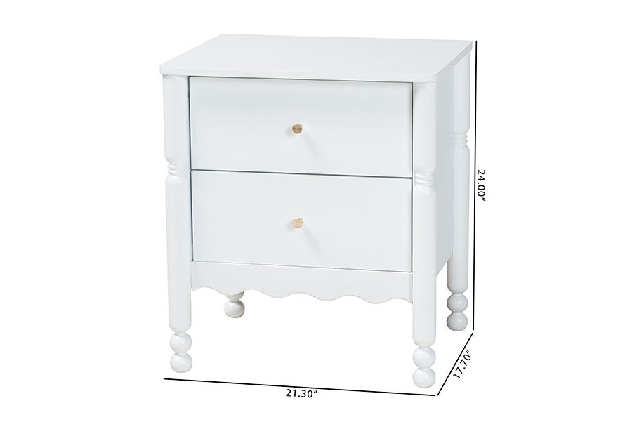 Baxton Studio Hoffman Nightstand - 2-Drawer Bedside Table with Scalloped Apron and Turned Legs for Bedroom, White